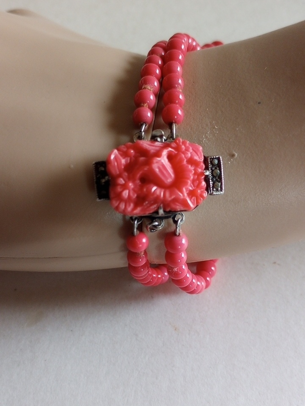Antique Art Noveau Pink Bakelite Sterling Silver Bracelet 7.5"Long Signed Carved